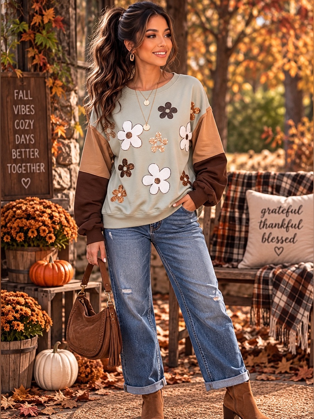 B757. Stylish Cotton Floral Sequins Patchwork Pullover Sweatshirt